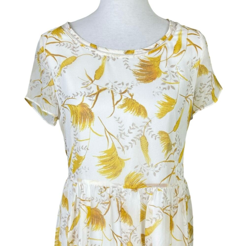 A loves A Gold Yellow Floral Wheat Novelty Print 100% Silk Mini Babydoll Dress - Picture 7 of 13